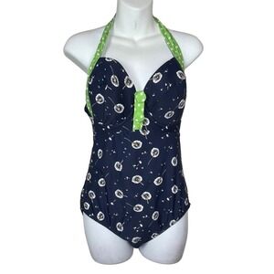 Joe Browns Pin Up Swimsuit 34DDD Blue White Floral Retro One Piece Vintage Style